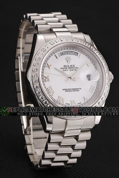 Rolex Clone Day-date Silver Steel Bracelet  Roman Hour Scale Swiss Rhinestone-stud Watch Ref.18948-72748TRIDOR-8R2B