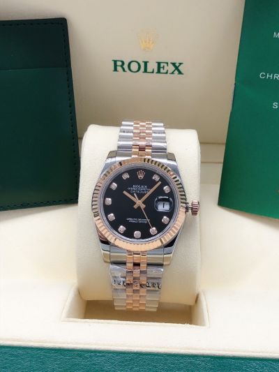 Women's Fashion Rolex Datejust 36MM Black Dial Diamonds Markers Fluted Bezel SS Rose Gold Watch