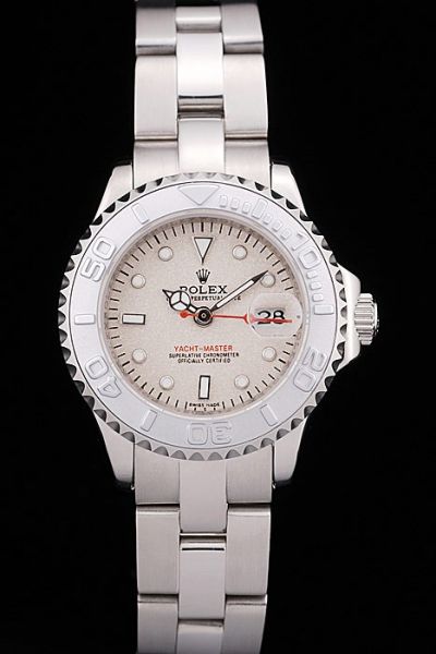 Rolex Yachtmaster Beige Dial Dots Scales Silver Rotating Dive Bezel Womens Automatic SS Date Watch Ref.169622