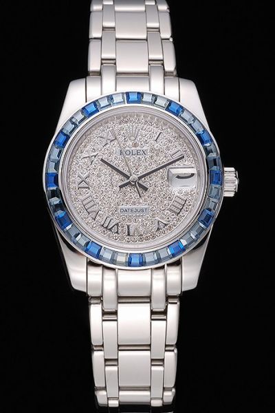 Luxury Rolex Datejust Sapphire Bezel Paved Diamonds Dial Unisex Convex Lens Window SS Bracelet Auto Watch