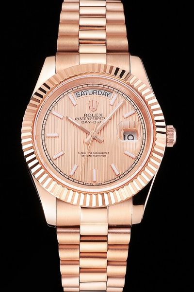 Rolex Day-date Baton Marker Fluted Bezel Striped Dial Week/Date Window Ladies All Rose Gold Swiss Watch Replica Ref.218235-83215