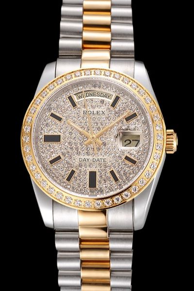 Rolex Day-date Full Rhinestone Dial Stick Markers With Diamonds Bezel Two-tone Bracelet Unisex Watch