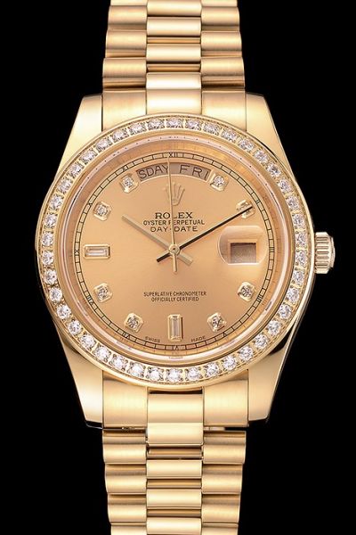 Rolex Day-date Celebrity-Style 18k Gold Plated Diamonds Bezel&index Swiss Unisex Watch