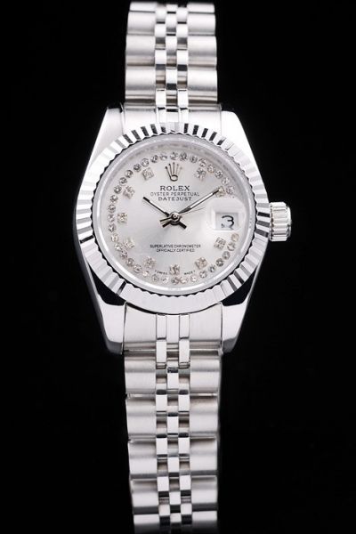 Copy Rolex Datejust Silvery steel wristband Diamonds index Automatic Watch for Her