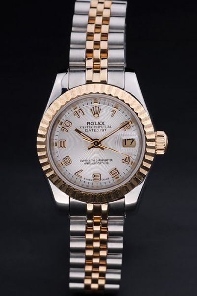 Female Rolex Datejust Yellow Gold Bezel Arabic Numeral Index Concentric Pattern Dial 2-Tone Bracelet Watch