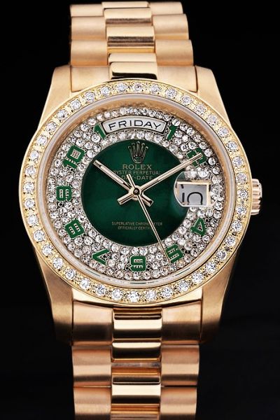 Rolex Day-date Gold SS Unisex Diamonds-pave Bezel Green Arabic Scale Luxury Watch