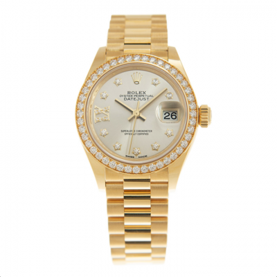 Rolex Celebrity Same Datejust 28 Silver Face Diamonds Bezel Roman & Star Markers Yellow Gold Date Watch For Ladies Replica
