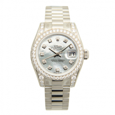 Replica Best Price Rolex Datejust 26 Silver MOP Diamonds Index & Bezel Female White Gold Automatic Watch 