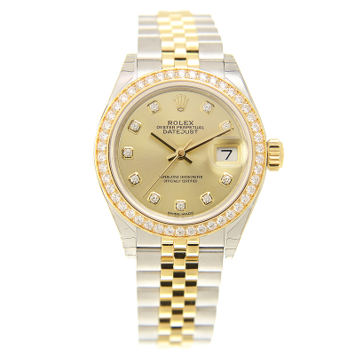 Women's Popular Rolex Datejust 28 Diamonds Markers & Bezel Yellow Gold Dial Two-tone Jubilee Bracelet Date Watch