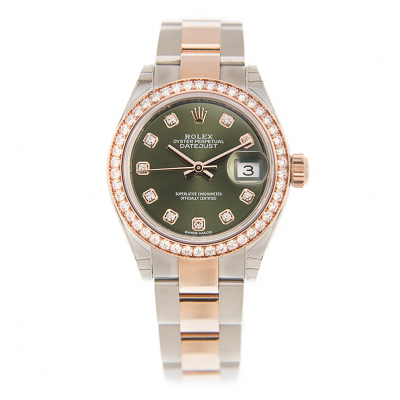 Rolex Low Price Datejust 28 Olive Green Dial Diamonds Markers & Bezel Oyster Bracelet Two-tone Lady Watch Rose Gold