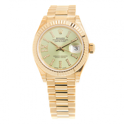 Unique Design Rolex Datejust 28 Light Green Dial Baton IX Diamonds Index Lady Yellow Gold Faux Watch