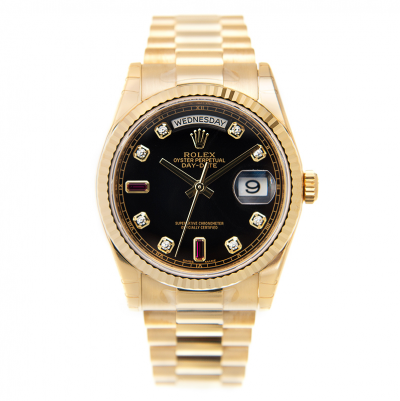 Women's Popular Rolex Day-date 36MM Diamonds & Purple Crystal Index Yellow Gold Plated Fluted Bezel Watch Replica 
