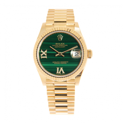 Fashion Rolex Datejust Fluted Bezel Diamonds Motif VI IX Markers Lady Emerald Green Dial All Yellow Gold Automatic Watch Replica
